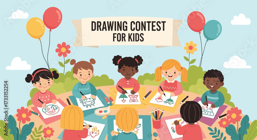 Children participating in a fun drawing contest outdoors with colorful balloons.