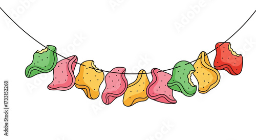 Colorful fortune cookies hanging on a string, festive decoration for parties and celebrations.