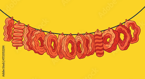 Illustration of donuts hanging on a string against a yellow background.
