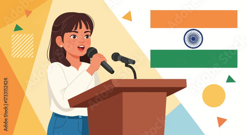 Girl speaking at podium with Indian flag. Patriotic speech, national event, youth public speaking illustration.