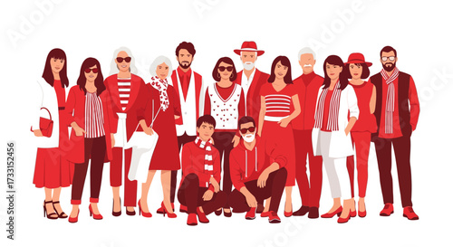 Multigenerational, diverse group of people in red and white attire. Flat vector illustration of community, fashion, and unity.