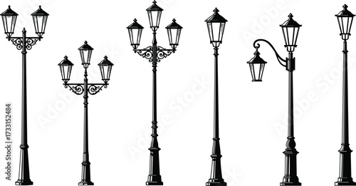 Set of vintage street lamps, black decorative lanterns, classic outdoor light poles, retro urban night lighting, elegant antique lamp post illustrationSet of vintage street lamps, black 