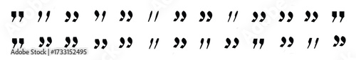 Quote marks and speech bubble icon set with black quotation symbols and inverted commas for design use 