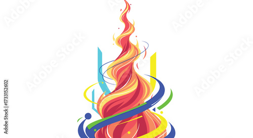 Symbolic representation of a vibrant flame intertwined with colorful ribbons against a white background.