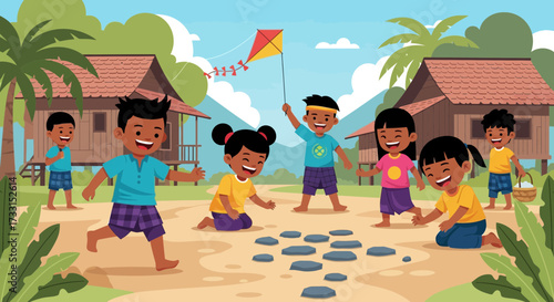 Joyful village children playing traditional games and flying a kite outdoors