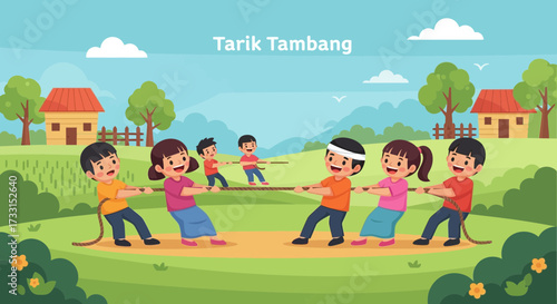 Kids playing traditional Tug-of-War game outdoors, cartoon illustration of children having fun and teamwork in a park setting.