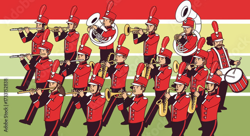 Stylized Marching Band Illustration: Musicians in Red Uniforms Playing Instruments on a Striped Field