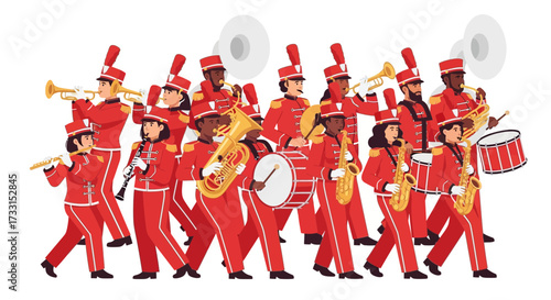 Diverse Marching Band in Red Uniforms Playing Instruments - Parade & Celebration Illustration