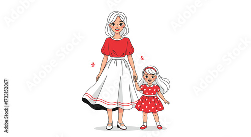 Happy mother and daughter with white hair holding hands, wearing matching red and white outfits