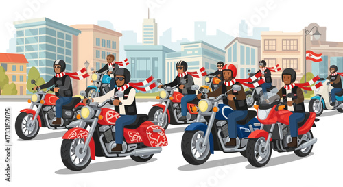 Diverse motorcycle riders on a city street with red and white flags, urban parade illustration