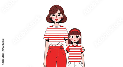 Mother and Daughter in Matching Striped Outfits Illustration
