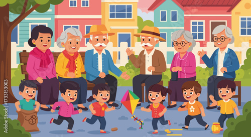 Multi-generational community: Seniors watching happy children play outdoors in a colorful neighborhood park. Family and active lifestyle.