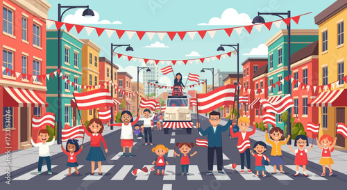 Joyful street celebration with diverse families holding red and white flags in a festive city parade