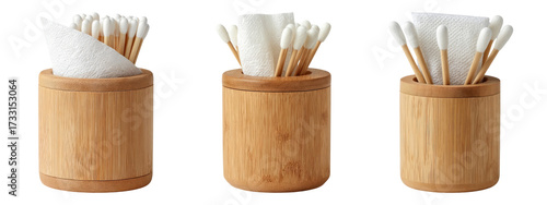 Collection of Bamboo Containers with Cotton Swabs on White Background