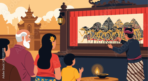 Traditional Asian Shadow Puppet Theater Performance with Family Audience