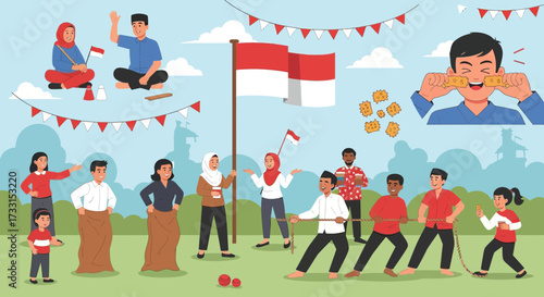 Joyful Indonesian Community Celebration with Traditional Games, Flag Raising, and Festive Activities Vector Illustration