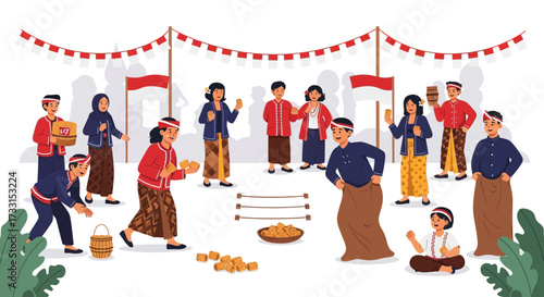 Festive Indonesian Traditional Games Celebration with Community Fun, Sack Race, and Krupuk Eating Contest