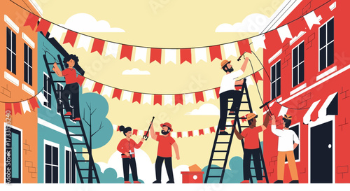 Diverse community decorating urban street with festive bunting. Neighbors preparing for local celebration or festival event.