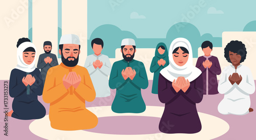 Diverse Muslim Community Praying Together: Men and Women Kneeling in Worship, Flat Vector Illustration