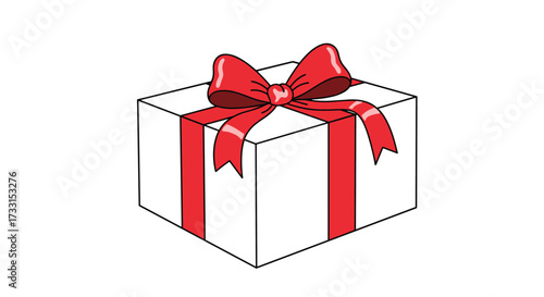 A white gift box with a red ribbon and bow is pictured against a white background.