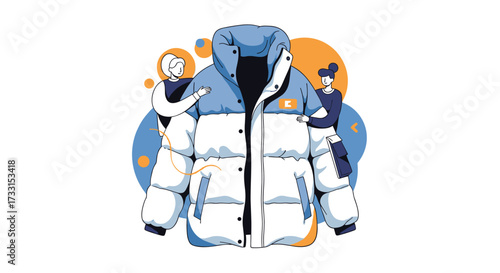 Winter fashion puffer jacket illustration with stylized people.