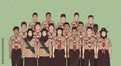 Diverse Youth Scout Group Portrait in Uniform Illustration