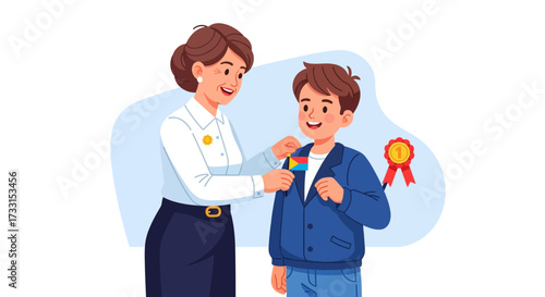 Teacher pinning achievement badge on happy student boy, celebrating success and recognition with award