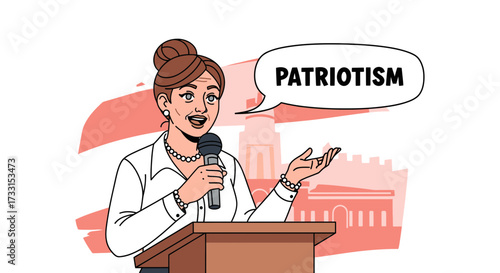 Female Orator Advocating Patriotism at Podium with Microphone and Government Building Background