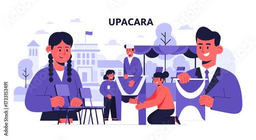 Flat vector illustration of people preparing for a community ceremony or formal event, setting up decorations and participating.