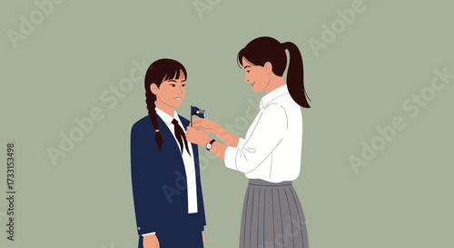 Woman helping student adjust school uniform tie. Preparation, care, and education support concept illustration.