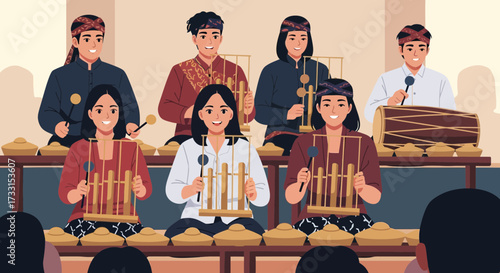 Indonesian Traditional Music Performance. Group of Musicians Playing Angklung and Gamelan Instruments in Cultural Attire.