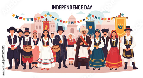 Cultural Independence Day Celebration: People in Traditional Dress with Festive Banners