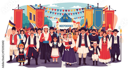 Independence Day Parade: Diverse Community in Traditional Folk Costumes Celebrating National Heritage