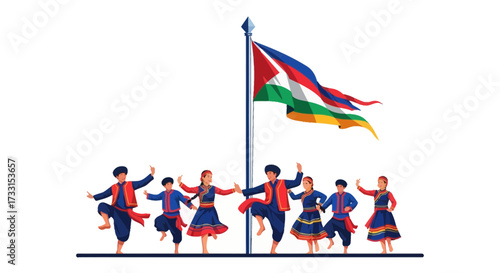 Traditional folk dancers in colorful costumes celebrating cultural heritage under a vibrant national flag illustration