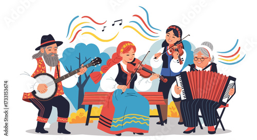 Traditional Folk Music Performance: Diverse Group Playing Banjo, Violins, and Accordion Outdoors in a Park