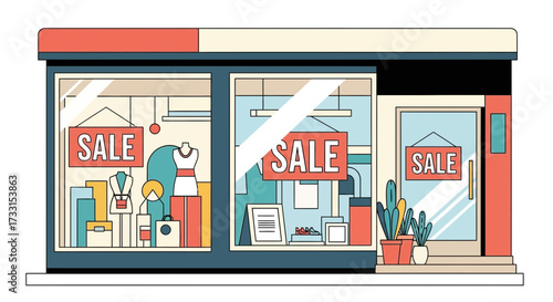 Modern boutique storefront with 'SALE' signs. Flat vector illustration for retail shopping, discounts, and promotions.