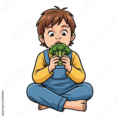 Cute cartoon boy in blue overalls sitting cross-legged while eating a fresh green broccoli floret