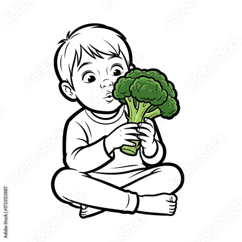 Cute Toddler Boy Sitting Down Holding and Smelling a Fresh Broccoli Florets with Exaggerated Expression