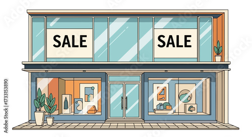Modern Retail Storefront Illustration with Sale Signs and Display Windows