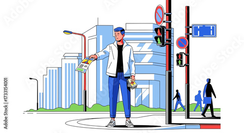 Young man distributing flyers on a busy city street corner. Urban marketing and direct promotion illustration.