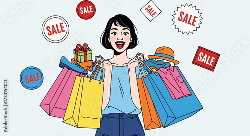 Happy woman with shopping bags surrounded by sale tags, enjoying discount offers
