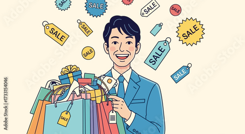 Happy Man Shopping with Sale Tags - Illustration of Consumer Enjoying Discounts and Retail Offers