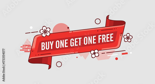 Buy One Get One Free Red Banner. Promotional Sale Tag with Abstract Floral & Geometric Decor