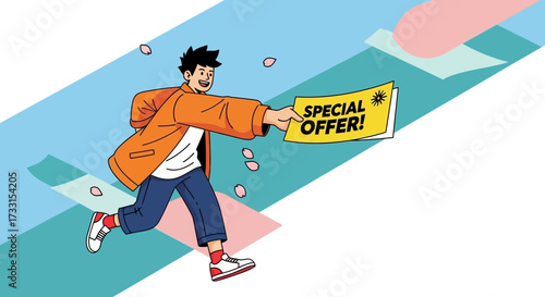 Energetic young man running with 'Special Offer' sign, promoting sales, discounts, and marketing campaigns.