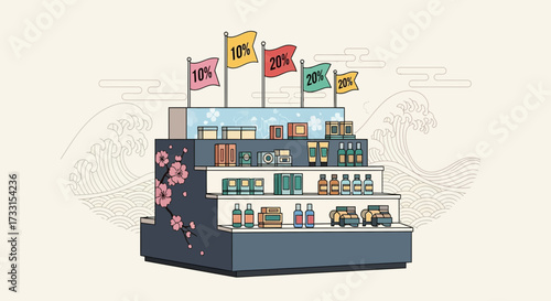 Japanese-inspired retail display shelf with cherry blossoms, discount flags, and beauty products. Sales promotion.