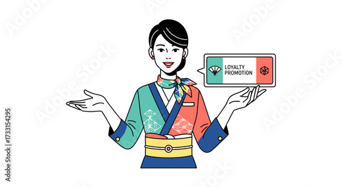 Elegant Japanese Woman Presenting Loyalty Program Promotion with Traditional Attire