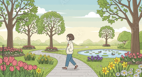 Peaceful Spring Park Stroll: Person Walking Amidst Blooming Flowers, Green Trees, and Pond with Ducks