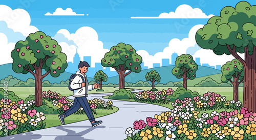 Young man walking in a vibrant city park with colorful flowers, trees, and urban skyline in the background. Modern flat illustration.