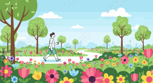 Man enjoying a peaceful walk in a vibrant spring park, surrounded by colorful blooming flowers and lush green trees