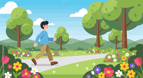 Man Walking in Vibrant Spring Park with Colorful Flowers and Green Trees. Outdoor Stroll, Nature Enjoyment Flat Illustration.